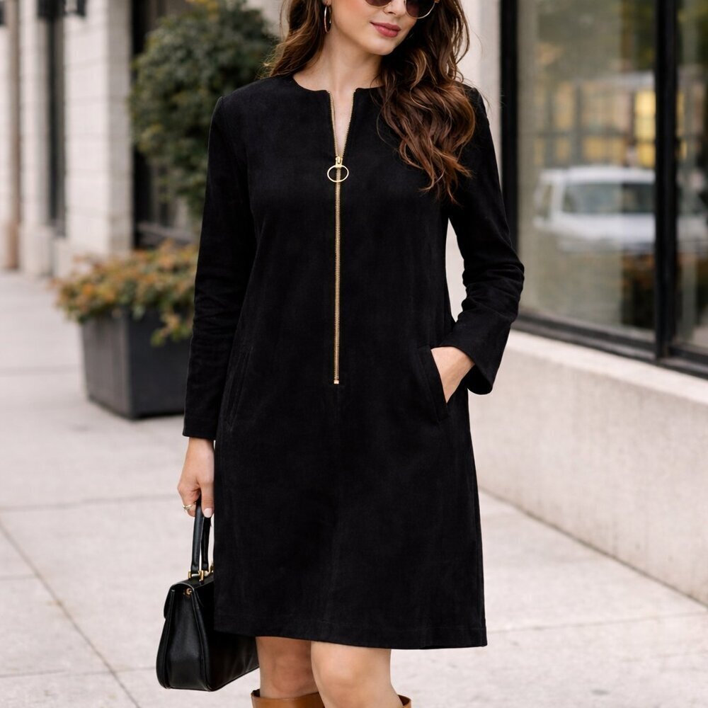Vintage  Brettons Collection 60s Style Black Suede Front Zipper Sheath Dress 6